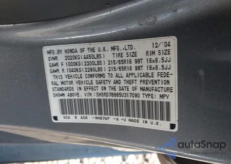 2005 Honda Cr-V Se из США, поврежденный, VIN SHSRD78995U317090